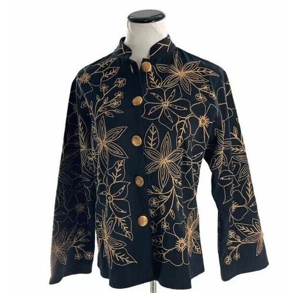 New Direction Women Black Floral Button Up Embroidered Embellished Jacket Medium - Picture 1 of 5